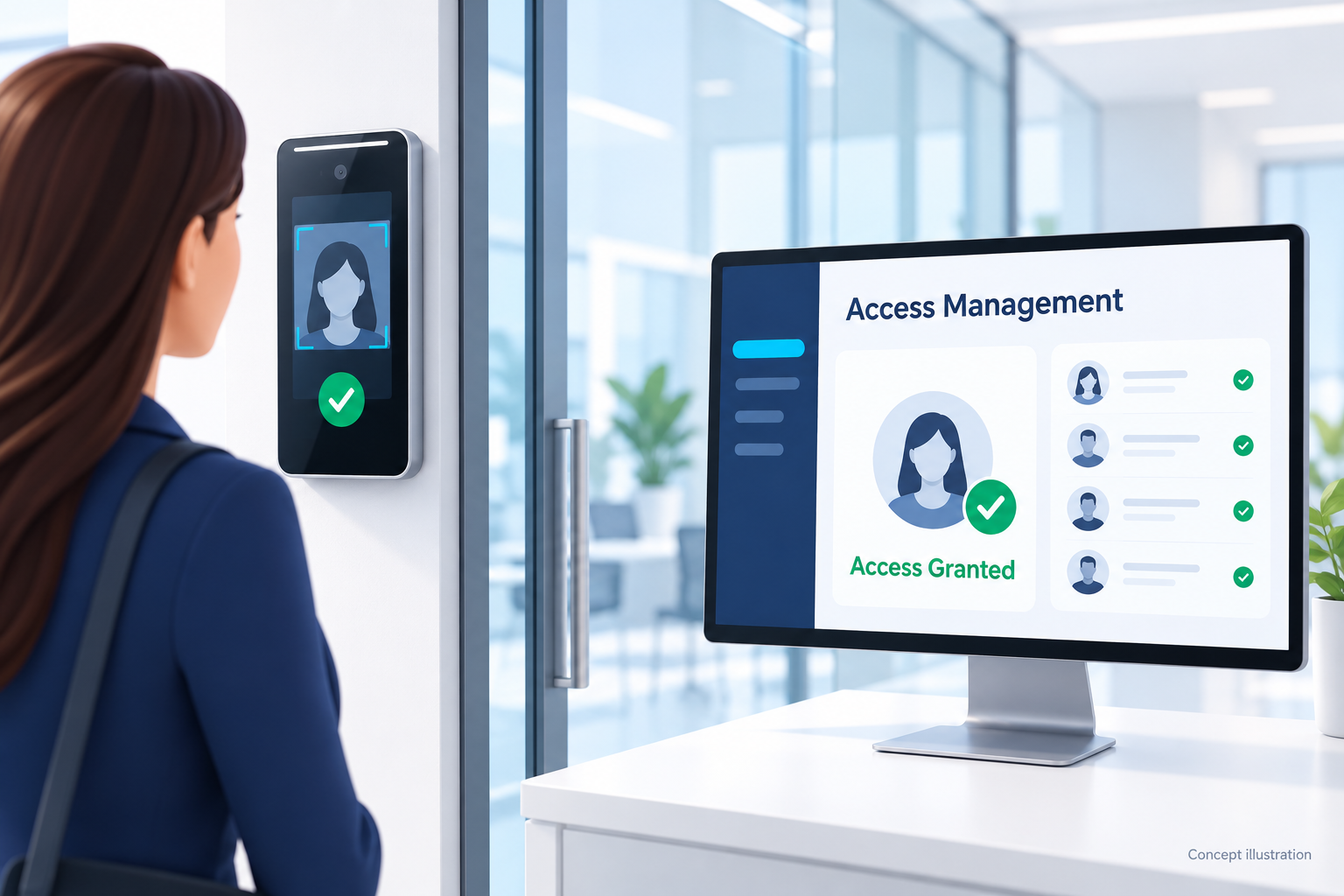 Concept illustration of a facial access reader beside a computer displaying access management events