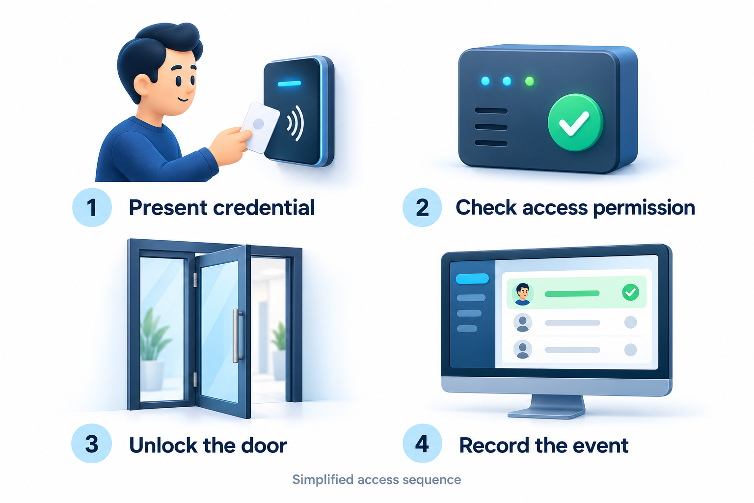 Four-step access sequence: present a credential, check access permission, unlock the door and record the event