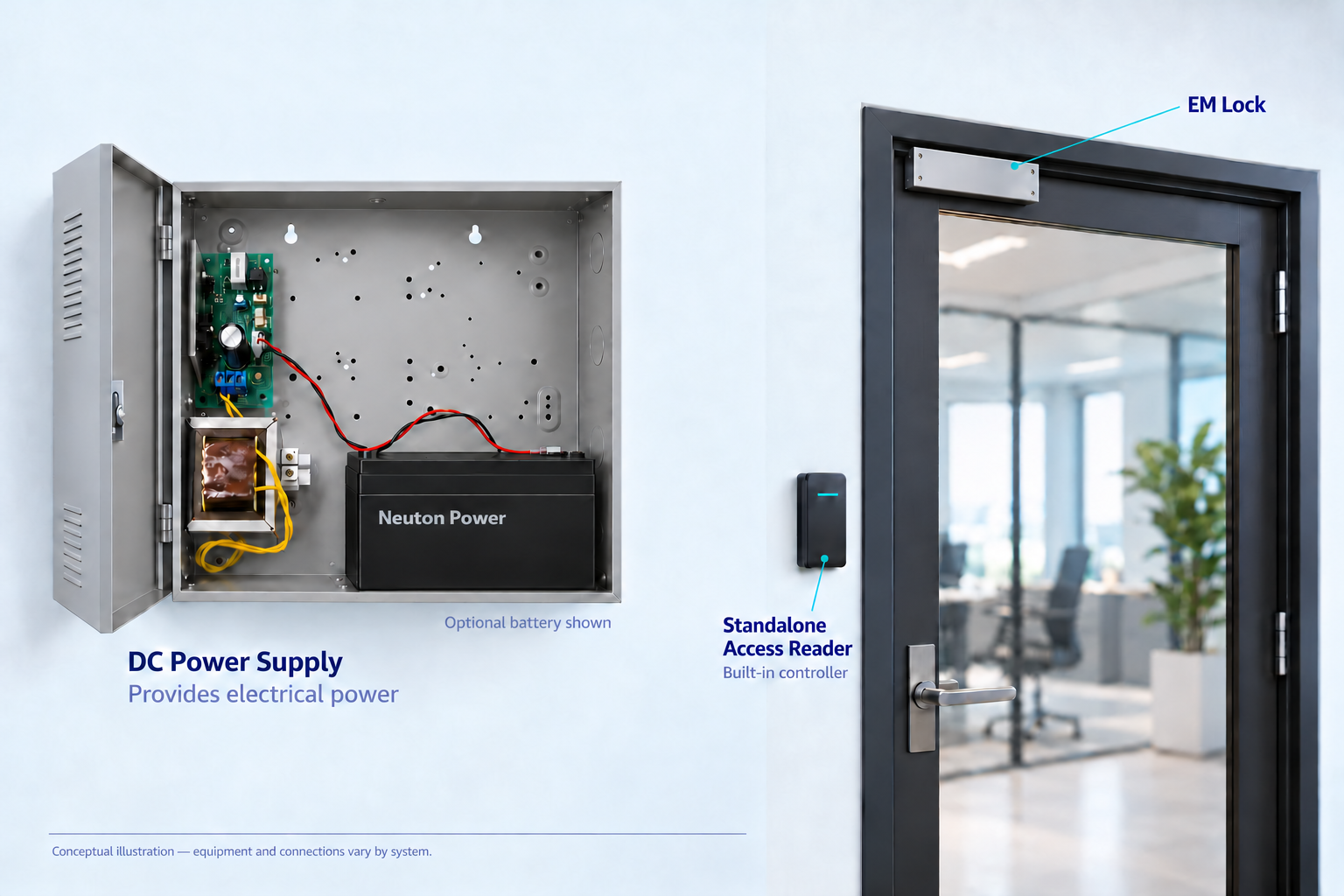 Conceptual illustration of a DC power supply, door controller, card reader and door-mounted electromagnetic lock